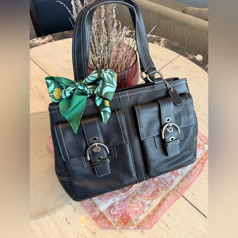 Coach 2006 XL 6468 SoHo Black Business Bag with Green Scarf Detail
